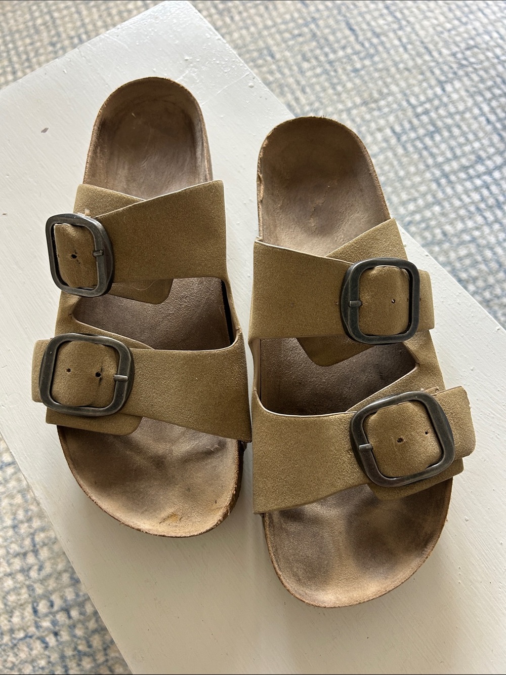 Women’s Two-Buckle Suede Slide Sandals in Tan